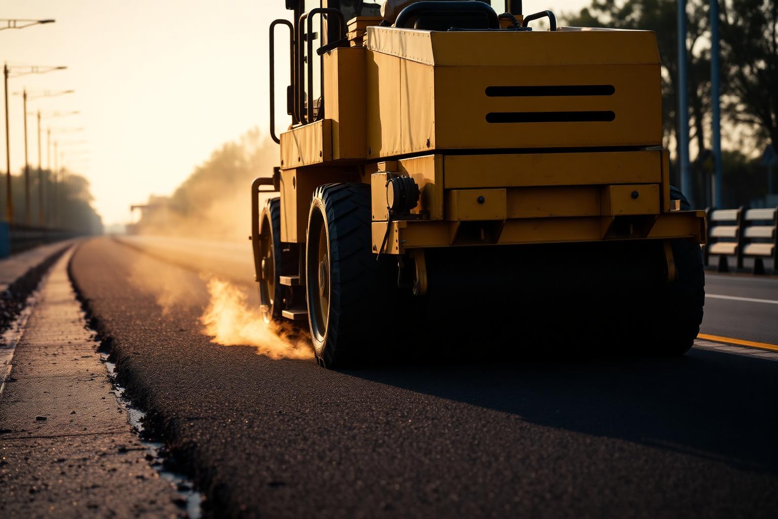Hurley Asphalt paver laying fresh asphalt at sunrise